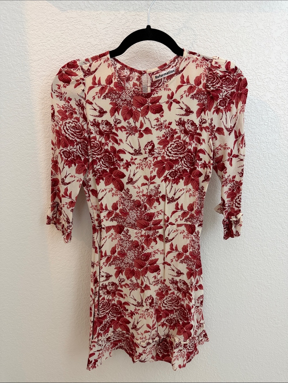 Reformation Cream Mini Dress with Red Rose Print